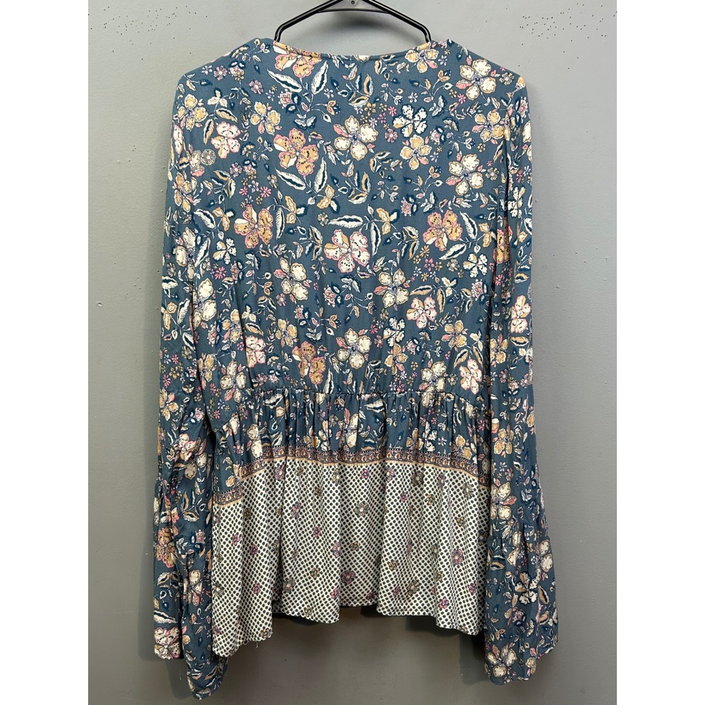 Heyson Blouse Women Large Blue Floral Boho Bell Sleeve Peplum Cottage V-Neck NEW - Picture 2 of 8